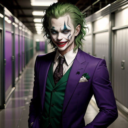 a man dressed in a joker suit and tie standing in a hallway with lockers in the background and a purple wall