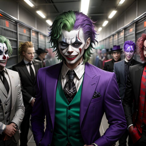 a group of people dressed up as the jokers in a hallway with lockers full of men in suits