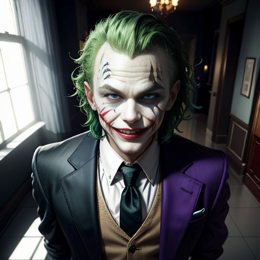 a man dressed as the joker in a hallway with a window behind him and a light coming through the window