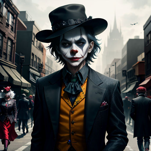 a man dressed in a clown costume walking down a street with other people in the background and a clock tower in the distance