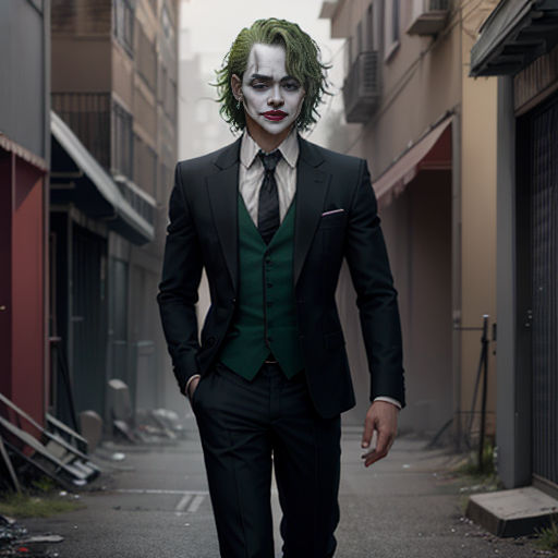 a man dressed in a suit and tie walking down a street with a joker mask on his face and a green tie