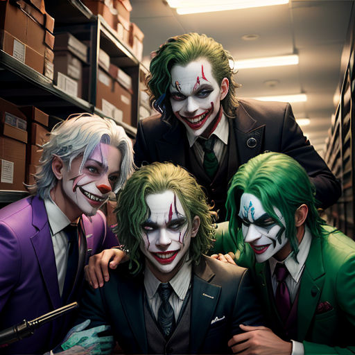 a group of people dressed as jokers in a library with a man in a suit and tie and a woman in a suit