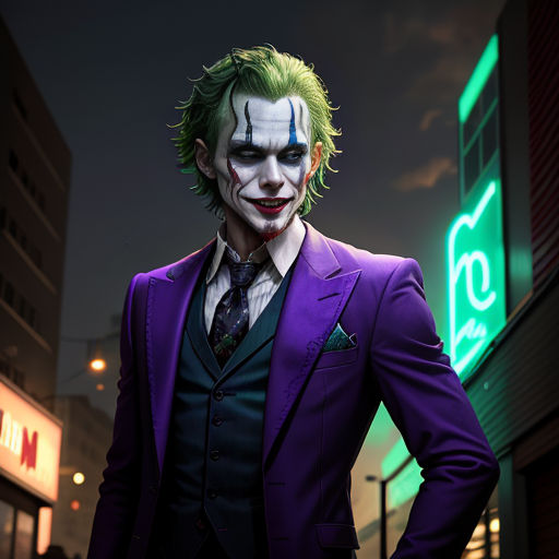 a man dressed in a joker costume standing in front of a neon sign at night time with his hands in his pockets