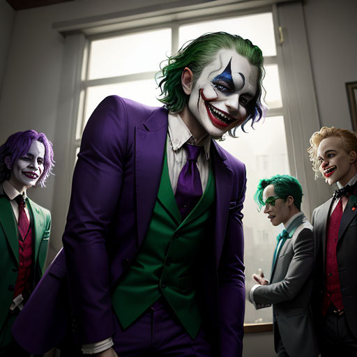 a group of people dressed up as the jokers in a room with a window and a window sill