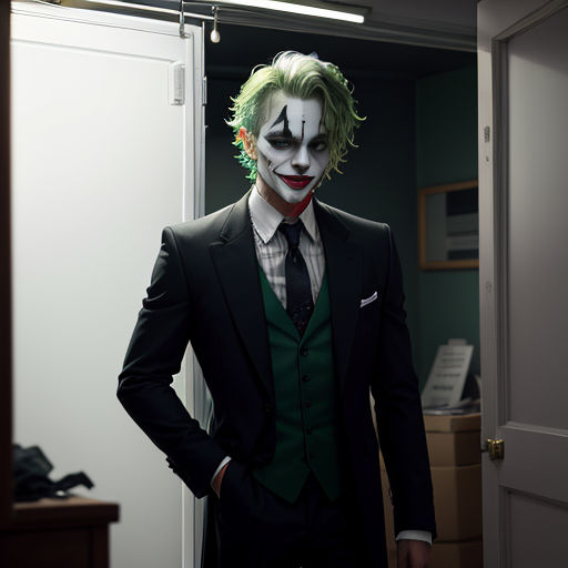 a man dressed in a suit and tie with a joker mask on his face and a green vest and tie