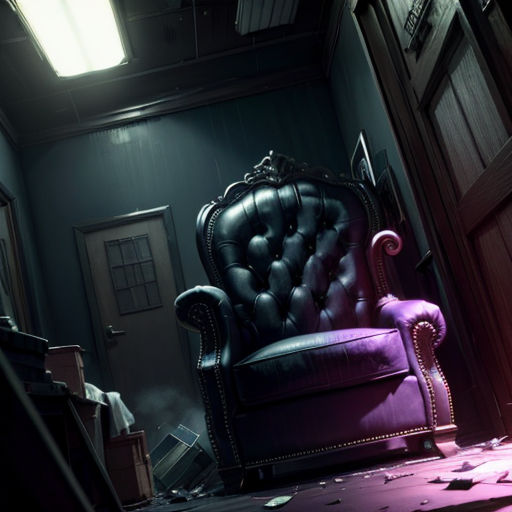 a chair in a dark room with a light coming through the window and a door in the background with a light coming through the window