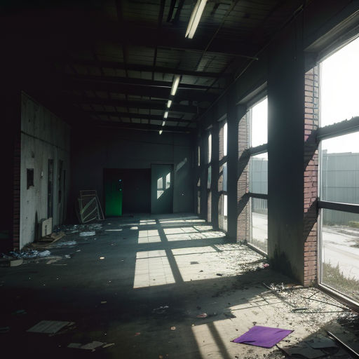 a room with a window and a purple object on the floor in it and a green object in the middle of the room