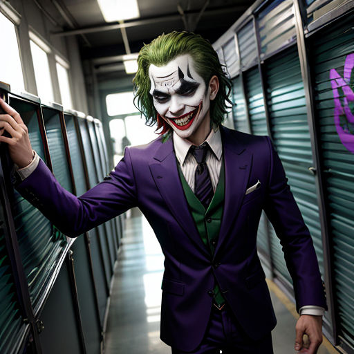 a man dressed as the joker in a hallway with a purple suit and green tie and a purple and white mask