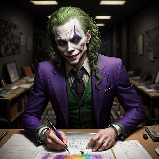 a man dressed as the joker writing on a piece of paper with a marker in his hand and a rainbow tie