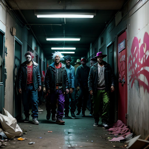 a group of people standing in a hallway with graffiti on the walls and a door with a graffiti on it
