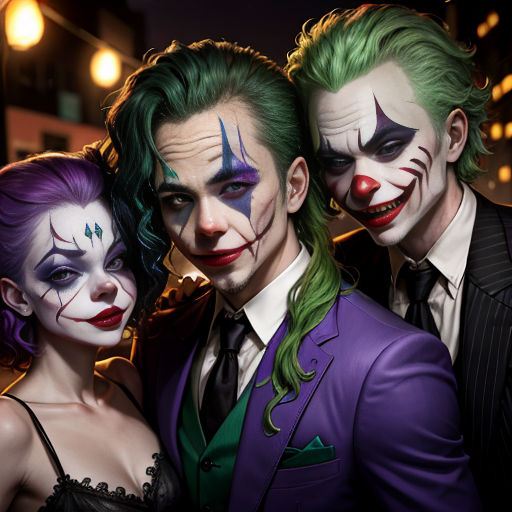 a group of people dressed up as jokers and jokers from the movie the dark knight rises, posing for a picture