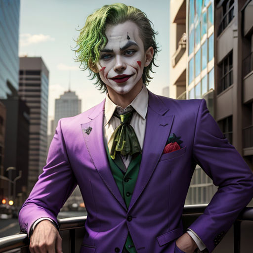 a man dressed in a purple suit and green tie with a joker mask on his face and his hands on his hips