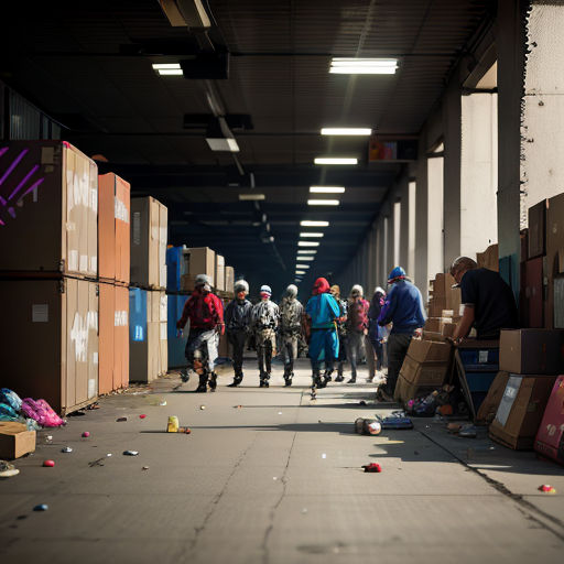 a group of people walking down a hallway next to boxes and boxes on the ground and a person in a blue jacket