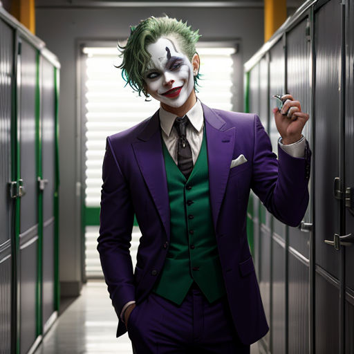 a man dressed in a suit and tie with a joker mask on, standing in a hallway with lockers