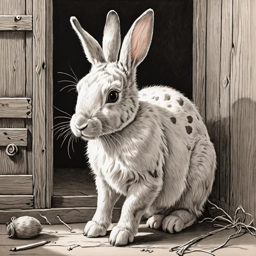 a drawing of a rabbit sitting in a doorway with a mouse nearby on the floor and a cabinet with drawers, hyperrealism, a photorealistic painting, Ed Binkley, walton ford