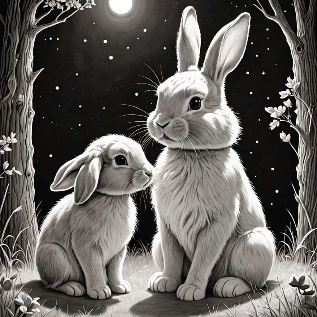 a black and white drawing of two rabbits sitting in the grass under a tree at night with the moon in the background, pop surrealism, a storybook illustration, Ed Binkley, storybook illustration