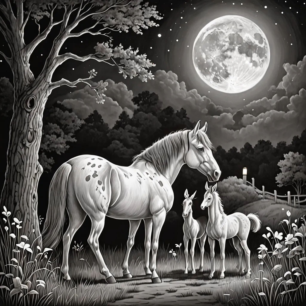 a horse and her foal are standing in the grass under a full moon sky with a tree and a fence, magic realism, a storybook illustration, Ed Binkley, storybook illustration