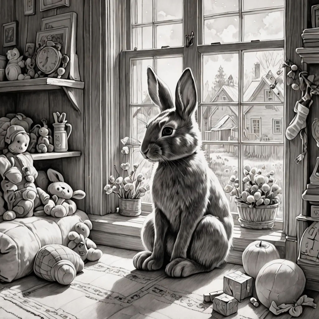 a rabbit sitting in front of a window next to a bunch of stuffed animals and a teddy bear on a shelf, fantastic realism, a storybook illustration, Ed Binkley, rossdraws global illumination