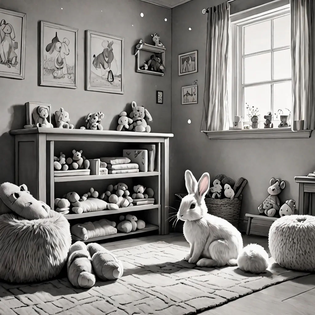 a black and white photo of a child's room with stuffed animals and toys on the floor and a book shelf, photorealism, an ambient occlusion render, Brad Kunkle, ambient occlusion