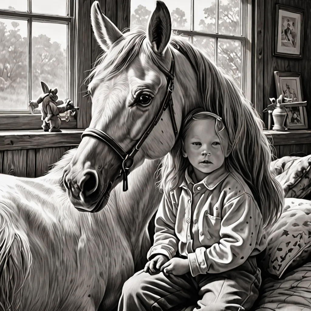 a black and white drawing of a girl and a horse in a bedroom with a window and a bed, figurative art, an ultrafine detailed painting, Bob Byerley, highly detailed digital painting
