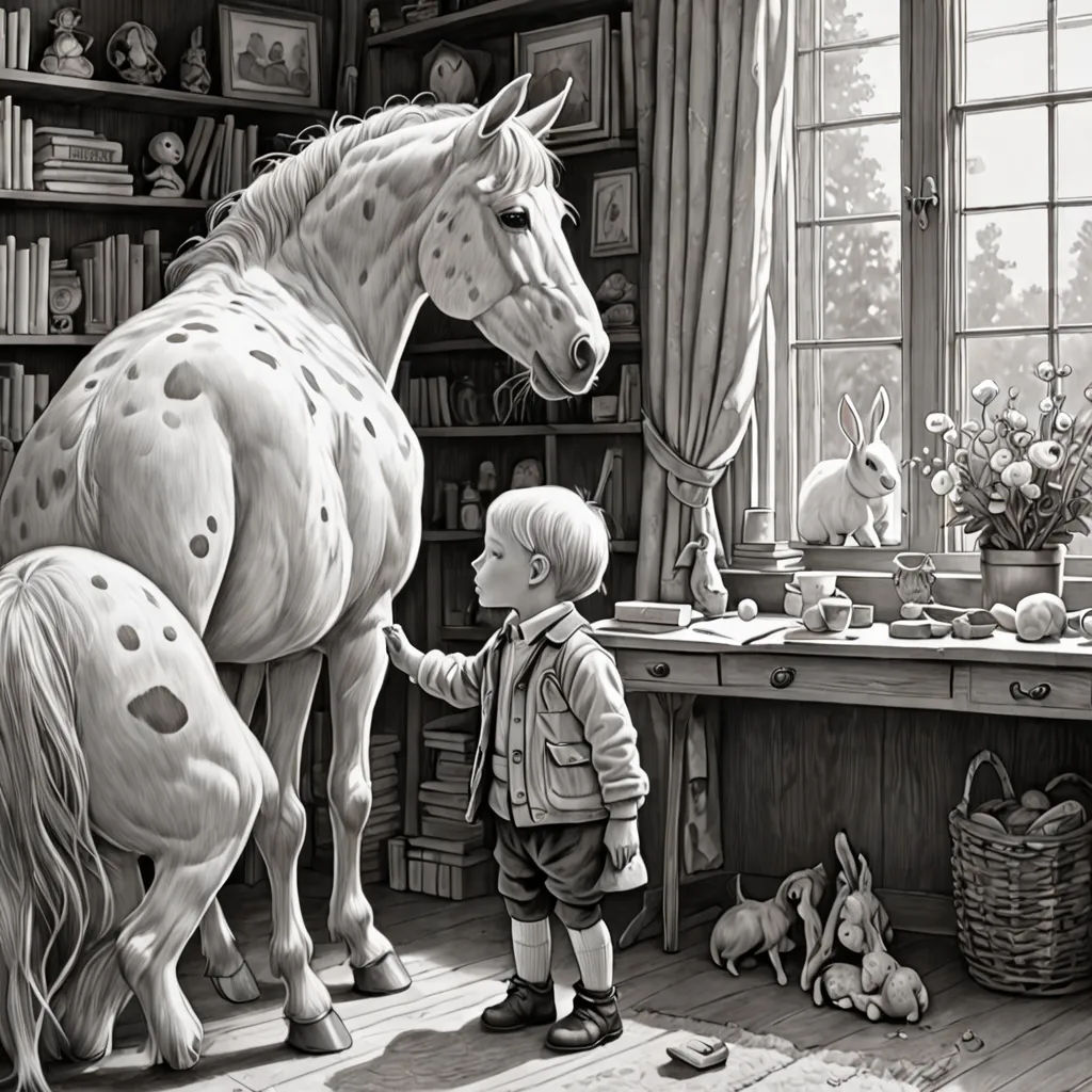 a boy and a horse in a room with a window and a desk with a stuffed animal on it, magic realism, a storybook illustration, David Martin, storybook illustration