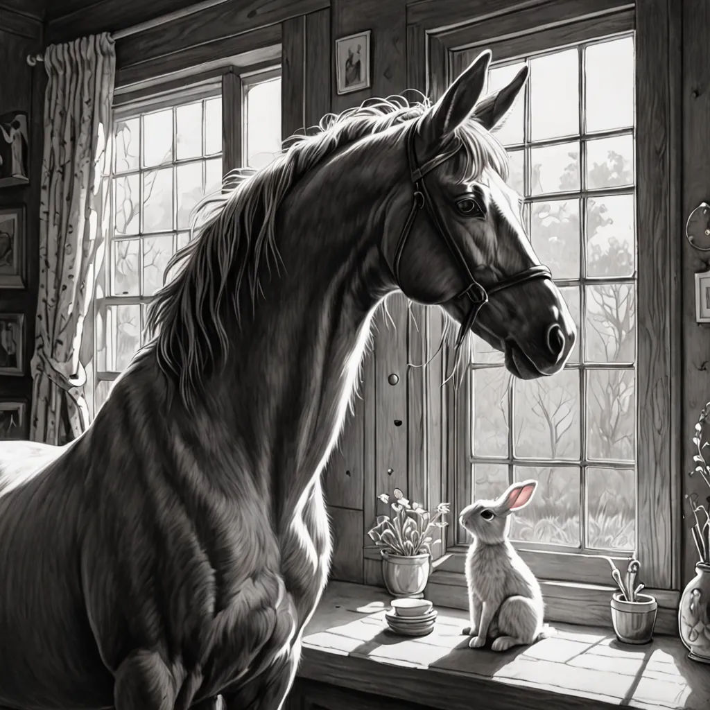 a horse and a rabbit are sitting on a window sill in a room with a window and a window, magic realism, a storybook illustration, Brian Despain, storybook illustration