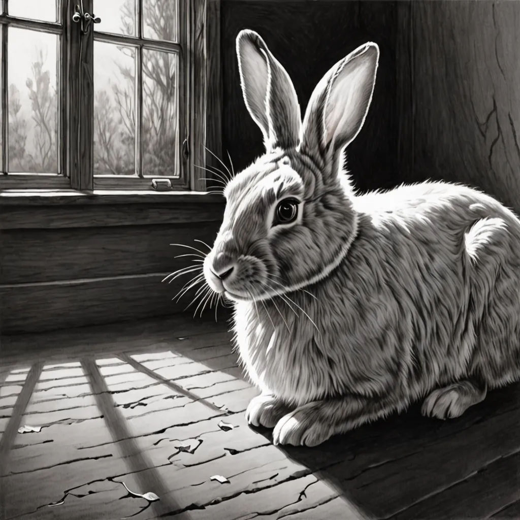 a drawing of a rabbit sitting on a wooden floor in front of a window with a light coming through, photorealism, a photorealistic painting, Ed Binkley, in gouache detailed paintings