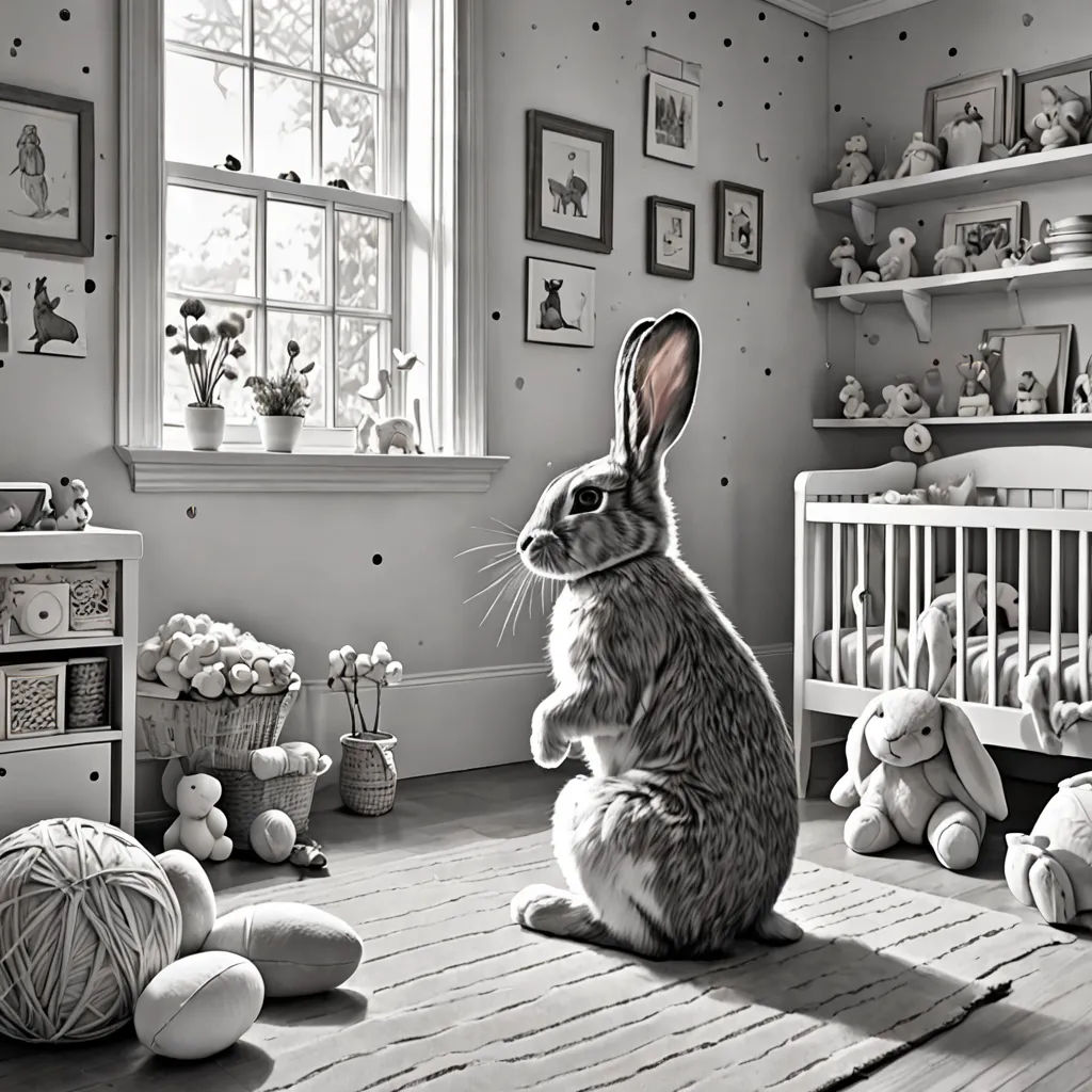 a rabbit sitting on the floor in a room with stuffed animals and a crib with a window and a crib with a crib with stuffed animals, photorealism, a photorealistic painting, Brad Kunkle, highly detailed digital painting