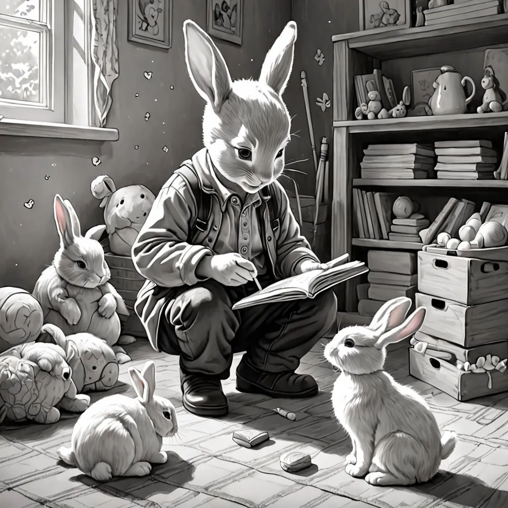 a rabbit is reading a book while other rabbits sit around him and look at him in the same direction, magical realism, a storybook illustration, Brad Kunkle, storybook illustration