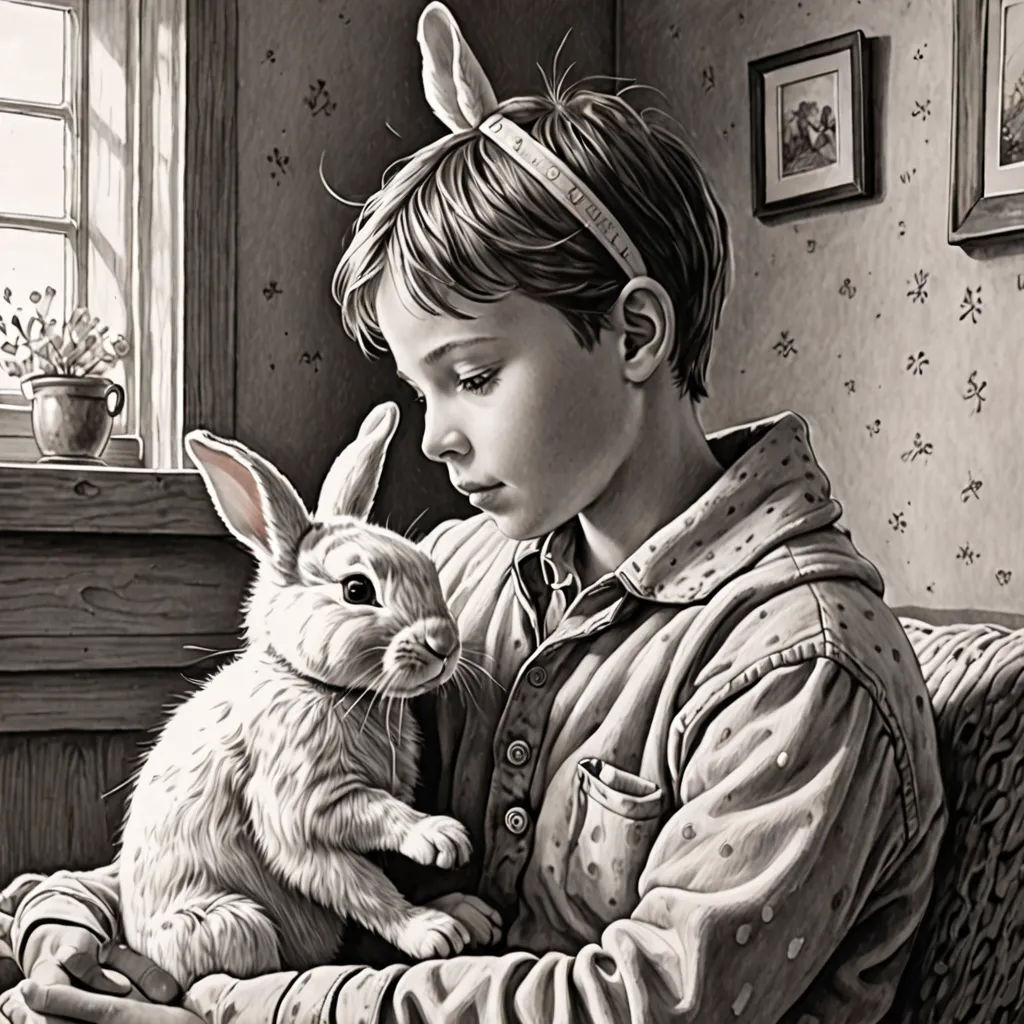 a boy holding a rabbit in his lap in a living room with a window and a potted plant, fantastic realism, a storybook illustration, Brad Kunkle, highly detailed digital painting