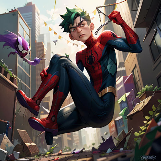 a spider - man flying through the air over a city with buildings and a spider - man in the foreground
