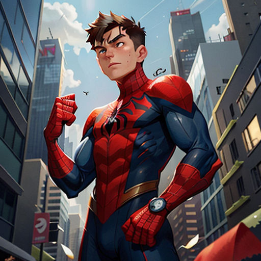 a man in a spider suit standing in the middle of a city street with buildings and a kite in the air