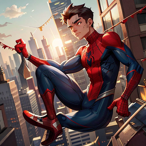 a man in a spider suit sitting on a ledge in a city with skyscrapers and buildings in the background