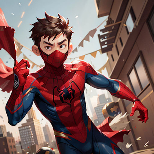 a man in a spider suit is running through the city with a kite in his hand and a cityscape in the background