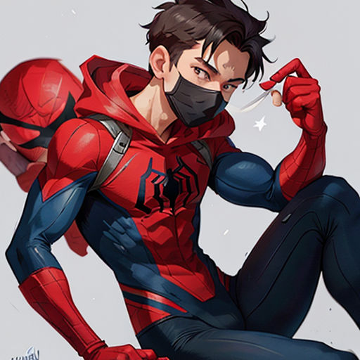 a man in a red and blue suit with a black mask on his face and hands on his hips