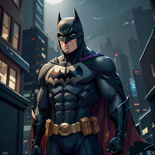a batman standing in the middle of a city at night with a full moon in the background and a full moon in the sky