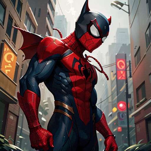 a spider man standing in the middle of a city street with a city light in the background and a red and black suit on