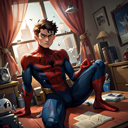 a man sitting on a desk in a room with a spider man on it's lap and a panda bear on the floor
