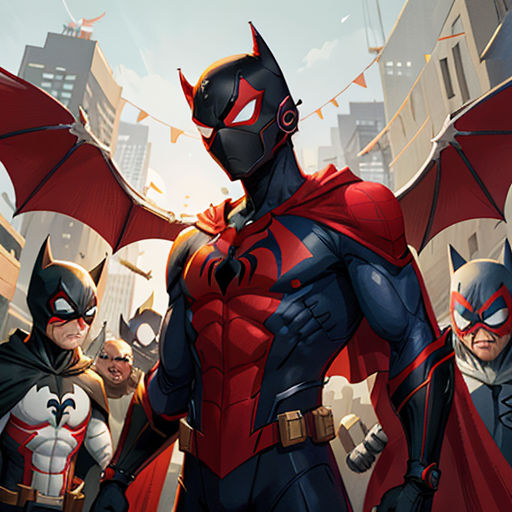 a group of superheros standing in a city street with bats flying overhead and a man in a red cape