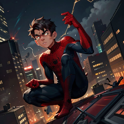 a spider man is sitting on a ledge in the city at night with a kite in his hand and a spider man is standing on the ledge