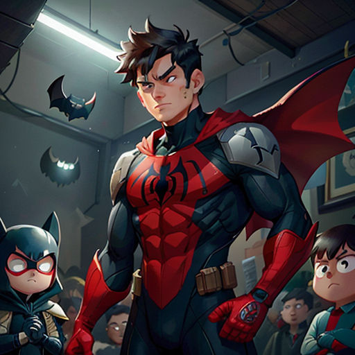 a group of people in a room with batman and robin robin costumes on them, and a man in a red and black suit
