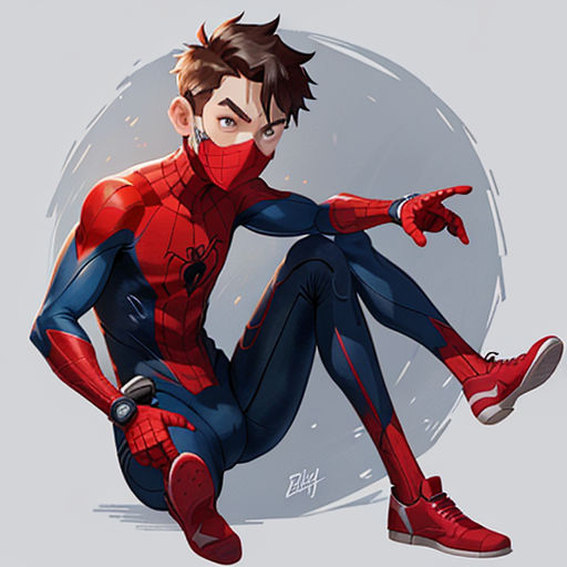 a spider man sitting on the ground with his legs crossed and his hands out to the side of his body