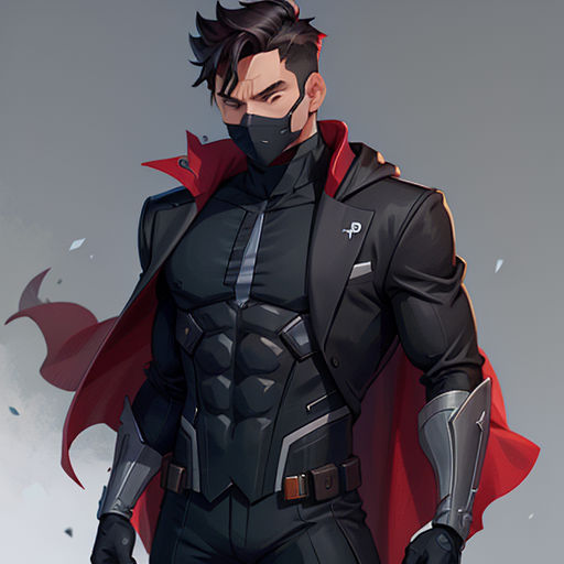 a man in a black suit with a red cape and a red cape on his head and a red cape on his head