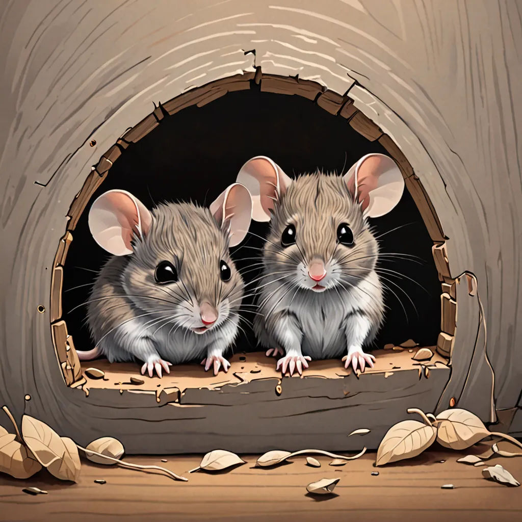 two mice sitting in a wooden tunnel with leaves on the floor and one on the ground looking out the window, fantasy art, a storybook illustration, Art Spiegelman, highly detailed digital painting