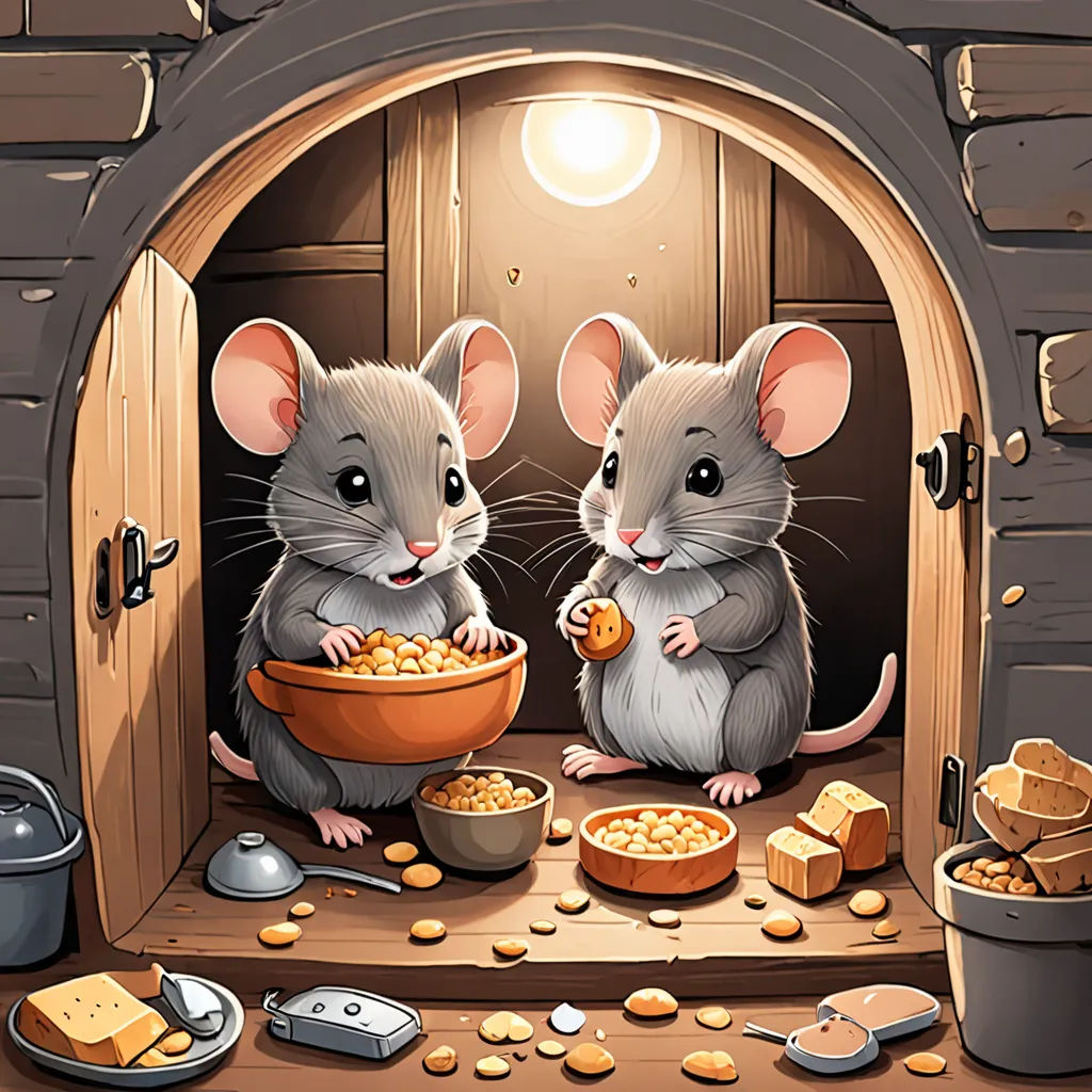 two mice eating food out of a bowl in a cave with a light on it's side and a bowl of crackers in front of cheese on the floor, sots art, a storybook illustration, Art Spiegelman, storybook illustration