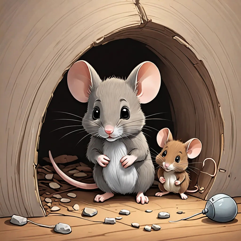 a mouse and a mouse in a tunnel with rocks and a mouse on the floor next to it,, sots art, a storybook illustration, Art Spiegelman, game art