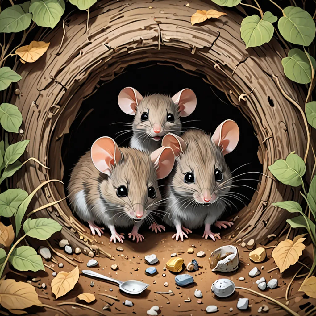 three mice are sitting in a hole in the ground with leaves and rocks around them, and a spoon is in the hole, fantasy art, a storybook illustration, Brian Despain, highly detailed digital painting