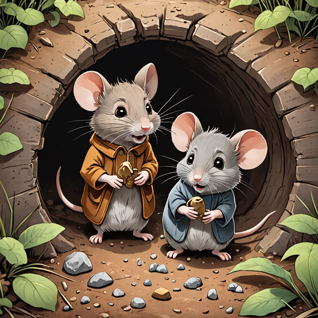 two mice are standing in a hole with leaves on the ground and rocks on the ground, and one is holding a gold coin, sots art, a storybook illustration, Art Spiegelman, storybook illustration