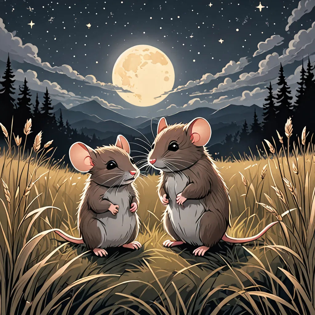 two mice sitting in a field with a full moon in the background and trees in the foreground, with a full moon in the background, space art, a storybook illustration, Art Spiegelman, storybook illustration