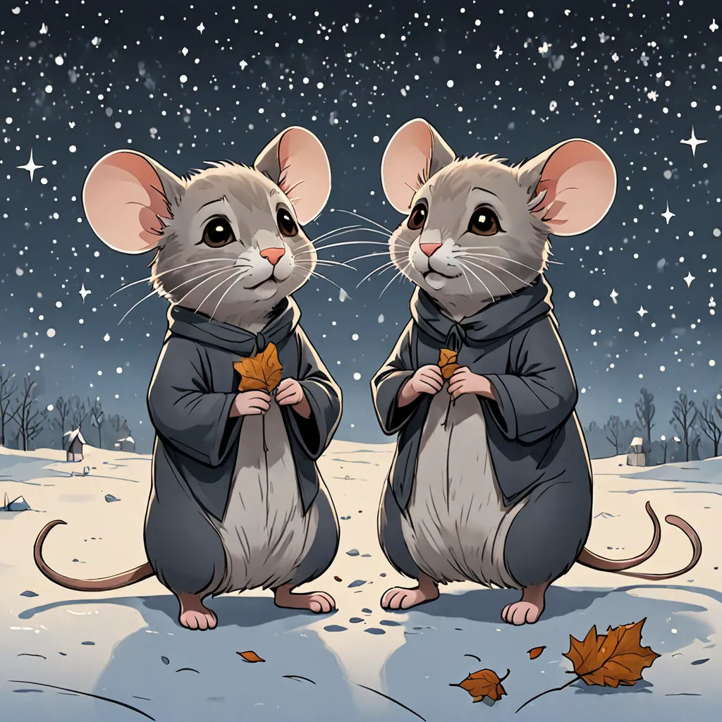 two mice standing in the snow with their tails wrapped around their backs, with a night sky full of stars behind them, space art, a storybook illustration, Dan Mumford, comic cover art